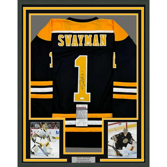 Framed Autographed/Signed Jeremy Swayman 35x39 Boston Black Hockey Jersey JSA COA