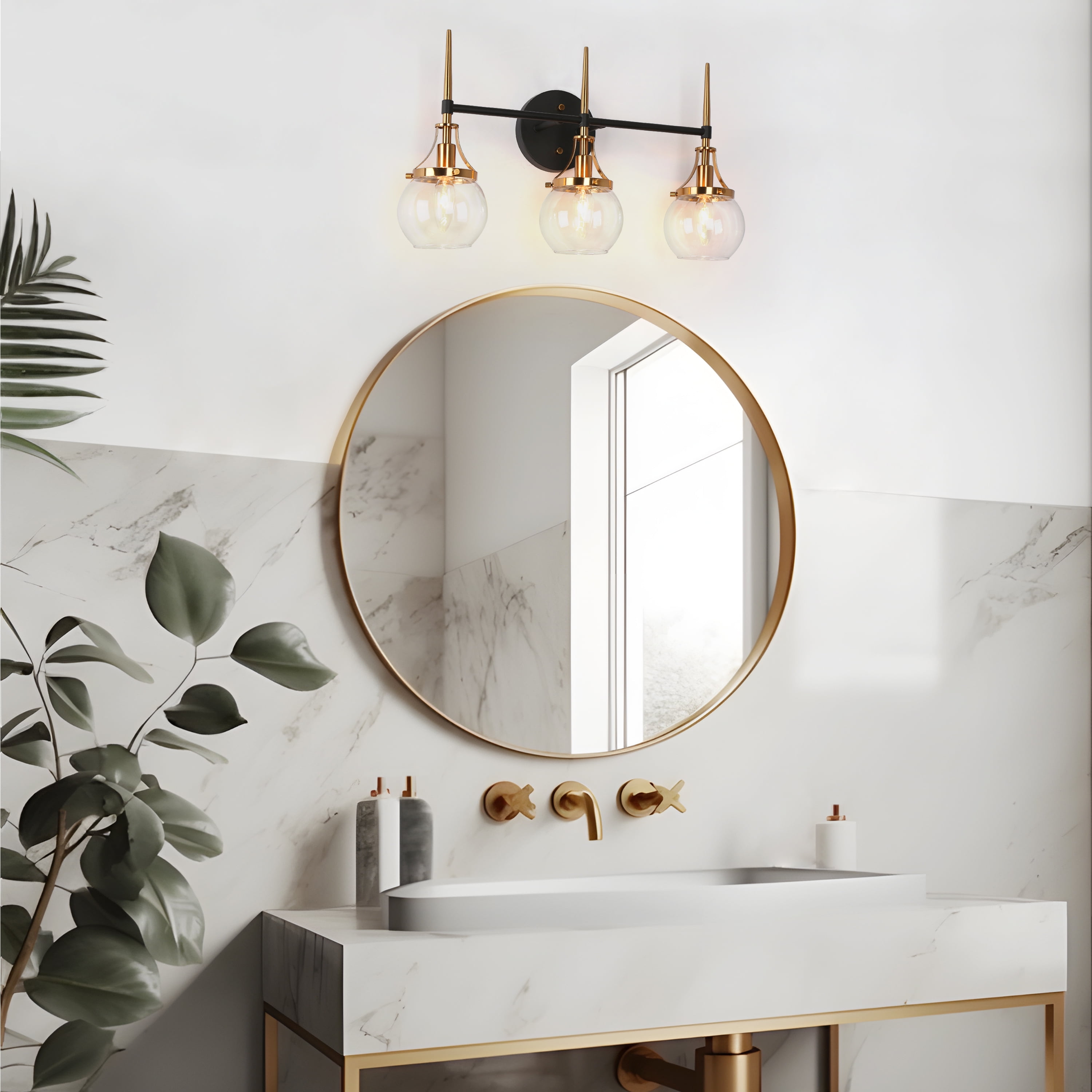 LNC Modern 3-Light Black and Gold Vanity Light with Globe Glass, 22-Inch Bathroom Fixture