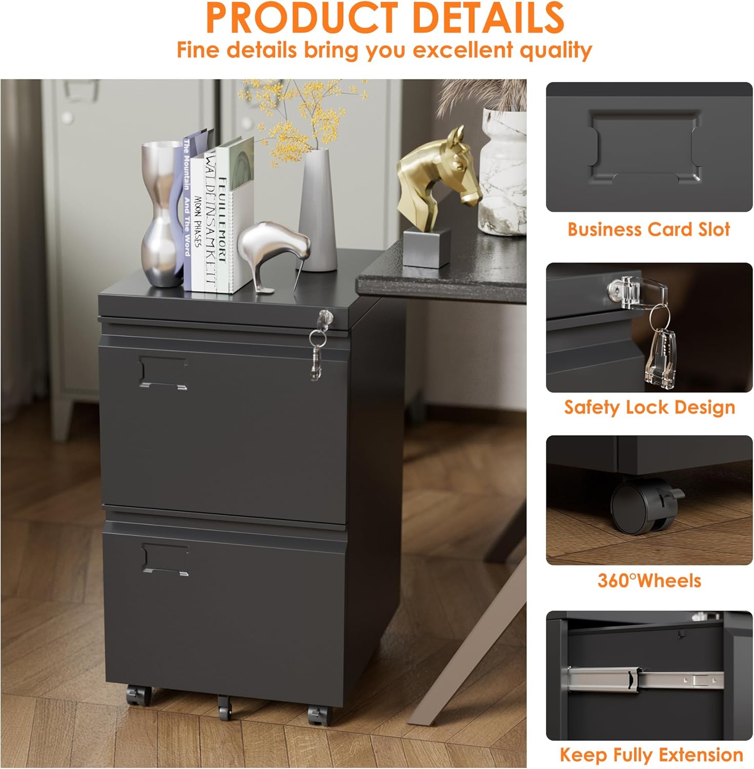 Black Metal 2 Drawer Mobile File Cabinet - 19.69 in Width Under Desk Cabinet for Office Home Legal Letter Size Storage