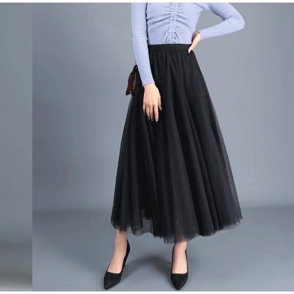 KOMOO Women Mesh Layered Midi Skirts Elastic High Waist Pleated Tulle Skirt Tutu A-line Midi Skirt