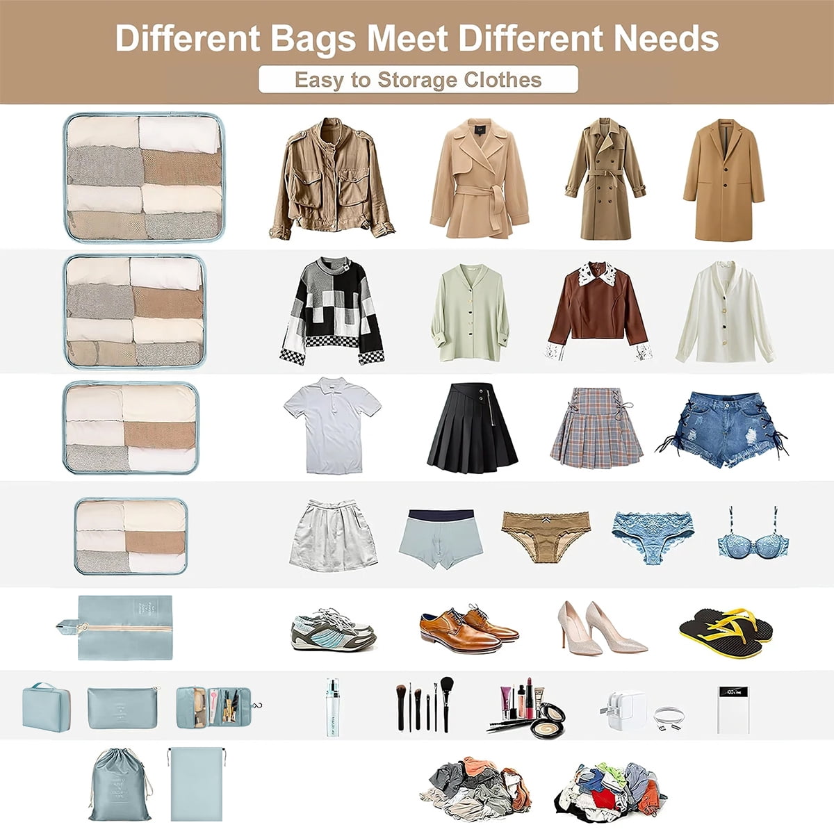 Compression Packing Cubes for Suitcase, 12 PCS Travel Luggage Packing Organizers Waterproof Travel Essentials Bag Clothes Shoes Cosmetics Toiletries Storage Bags for Travel, Blue