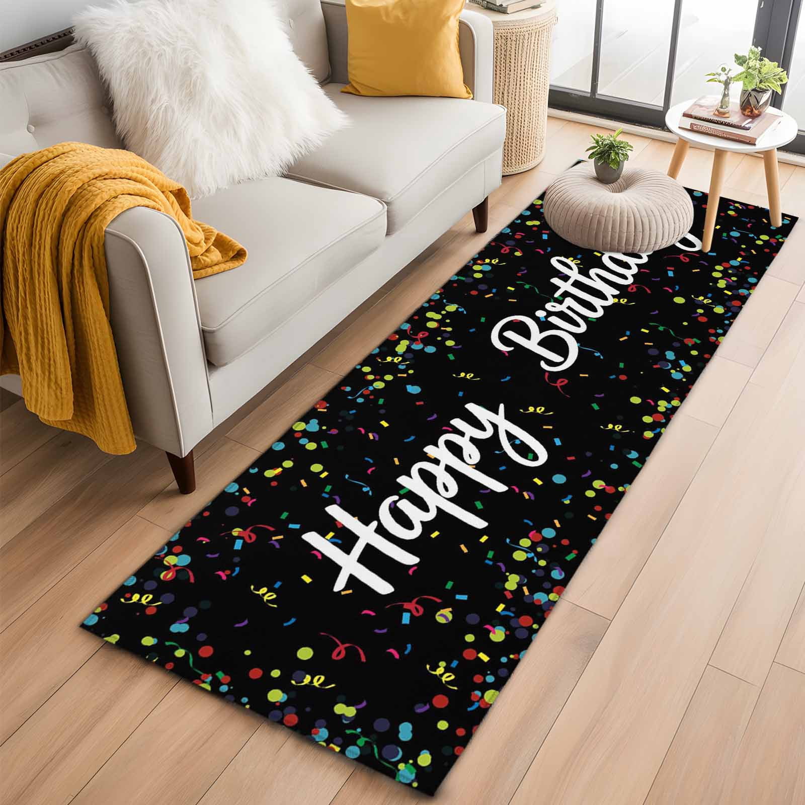 Black Birthday Large Area Rugs for Bedroom Living Room, Soft Non Slip Carpet Bedside Rug, Colorful Confetti Ribbons Polka Dots Classroom Rectangular Floor Cover Kitchen Accent Rug 2'x6' for Office