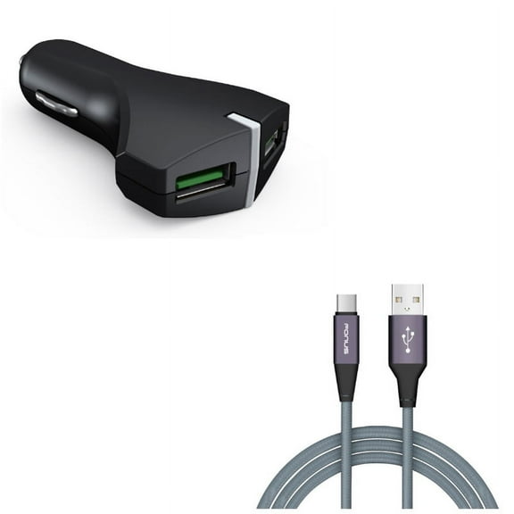 Charger Cord Type-C 6ft USB Cable w 2-Port USB 36W Fast Car Charger E9E for Acer Liquid Jade Primo - Alcatel PulseMix, 7, Idol 5S 5 4S - ASUS Zenfone V Live, ROG Phone, AR 6 5z 4 Pro