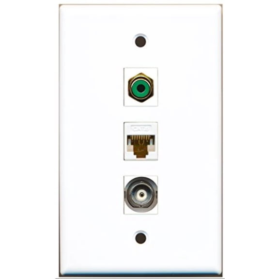 RiteAV - 1 Port RCA Green and 1 Port BNC and 1 Port Cat6 Ethernet White Wall Plate
