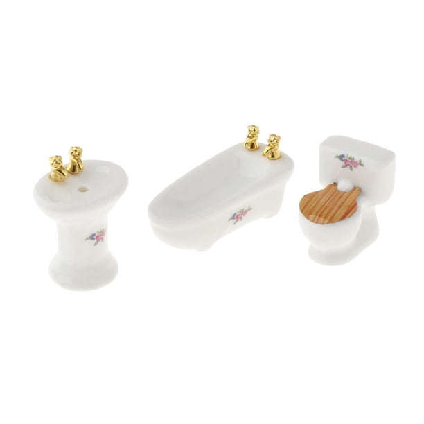 Juego de baño para casa de muñecas a escala 1:24: inodoro, lavabo, bañera y miniatura para casa de muñecas. flor impresa