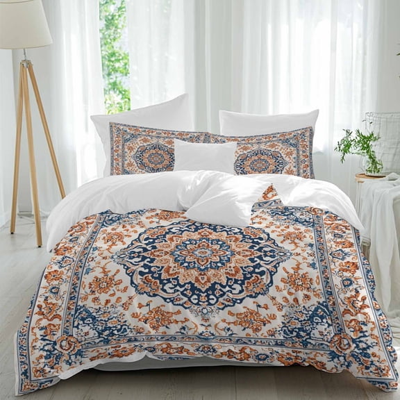 3 Piece Blue Burnt Orange Boho Duvet Cover Set Queen Size, Microfiber Comforter/Quilt Cover with Corner Ties and 2 Pillowcases, Antique Southwestern Ethnic All Season Soft Bedding with Zipper Closure
