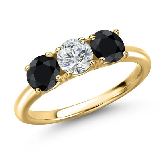 Gem Stone King 18K Yellow Gold Plated Silver Lab Grown Diamond and Black Sapphire Engagement Ring for Women | 1.88 Cttw | Round 5MM | Gemstone April Birthstone | Size 7