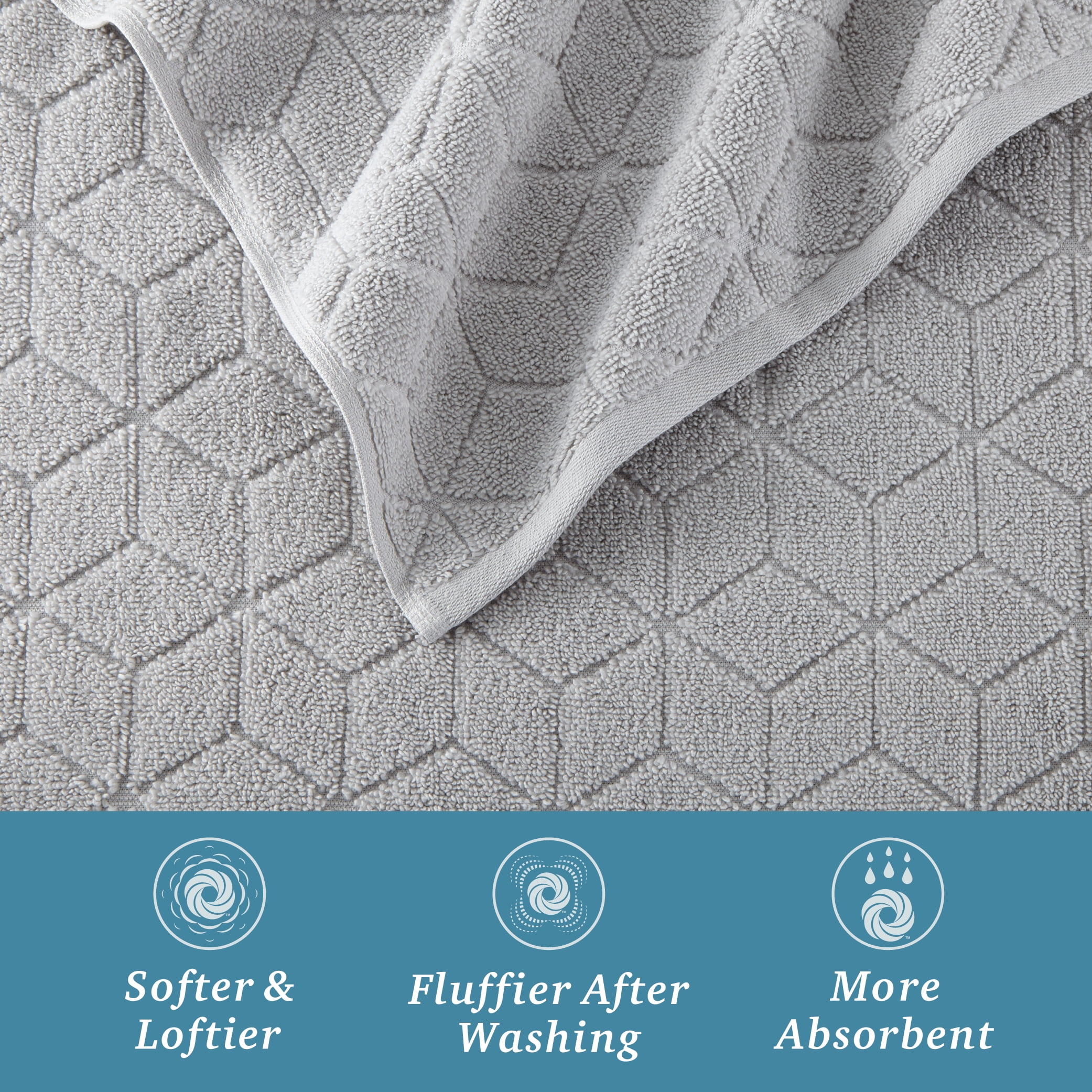 WelHome 100% HYGROCOTTON® 4-Piece Textured Soft Bath Towels Set, Harbor Mist, 550 GSM, 30" x 56", Large, Absorbent & Plush Bathroom Towels