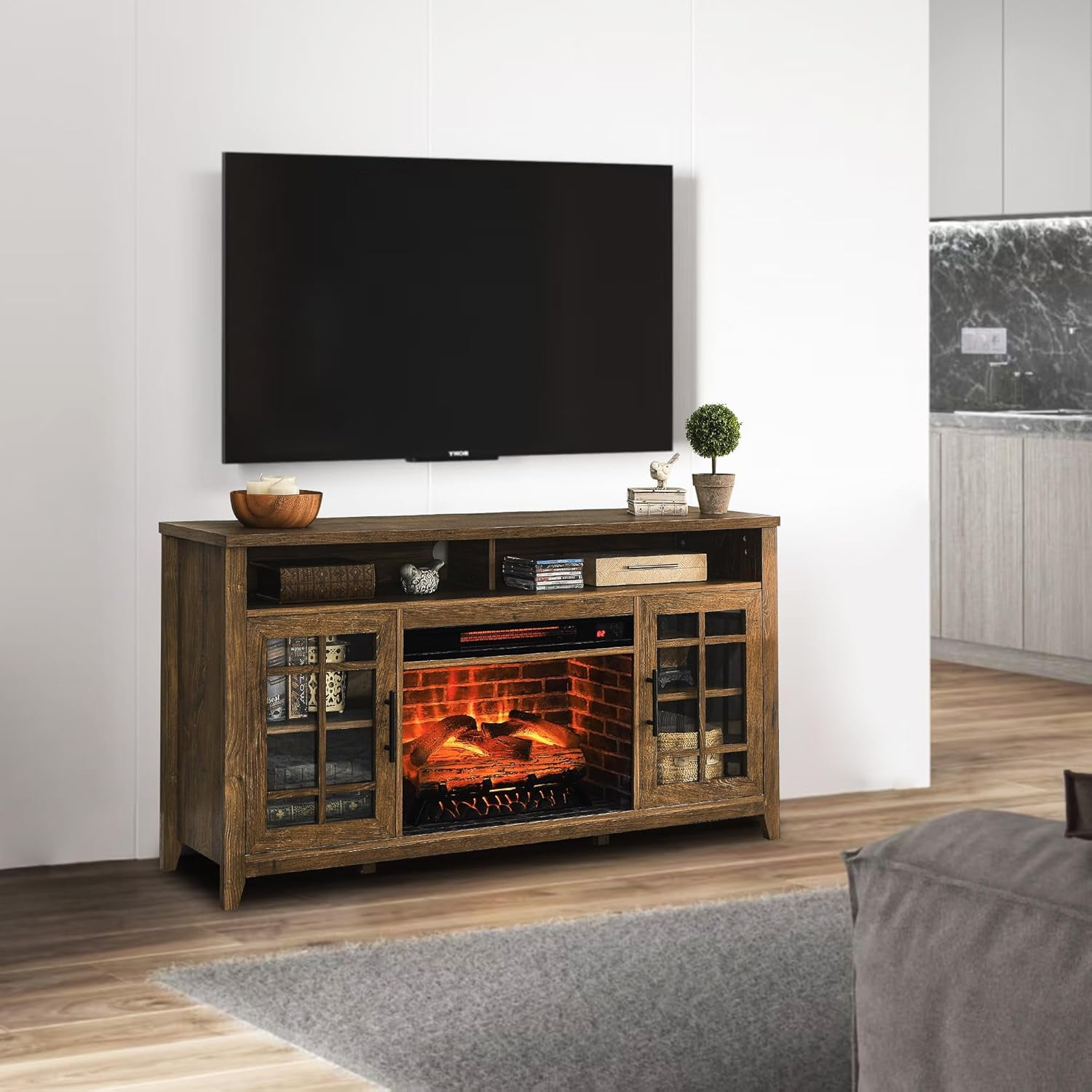 Innoflame 55'' Fireplace TV Stand, Entertainment Center with 23" Electric Fireplace KD Insert, Storage Cabinet , TV Console for Living Room, Farmhouse, Reclaimed Barnwood