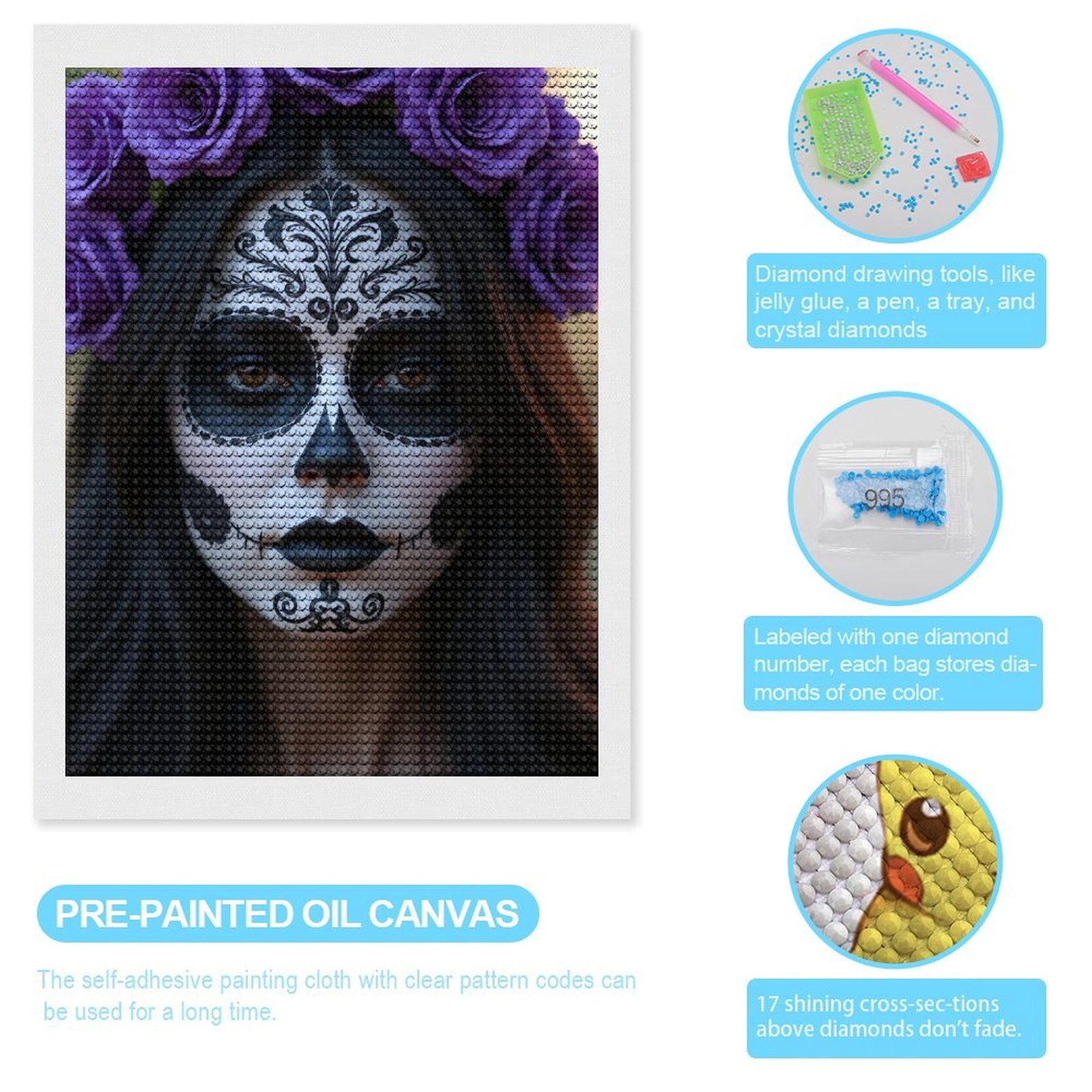 Diamond Art Kits for Adults, Day Of The Dead Face Paint 5D Diamond Painting Kits for Adults Beginners, DIY Full Drill Diamond Painting, Gem Art and Crafts 12x16