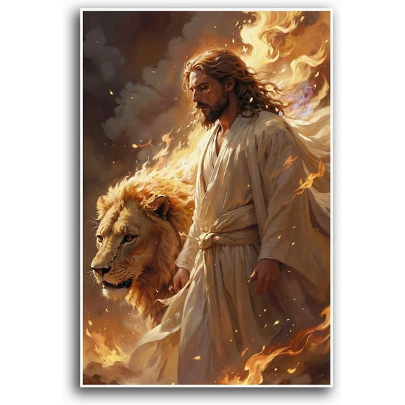AVOI Jesus and Lion Canvas Wall Art Decor Picture Christian God Flame Style Lion of Judah Inspirational Print Painting Artwork for Living Room Bedroom Church Office Unframe: 12x12in