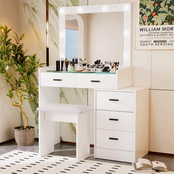 Jopath Makeup Vanity Set with Mirror & Lights,Dressing Table Makeup Desk with 5 Drawers for Bedroom,Livingroom,White