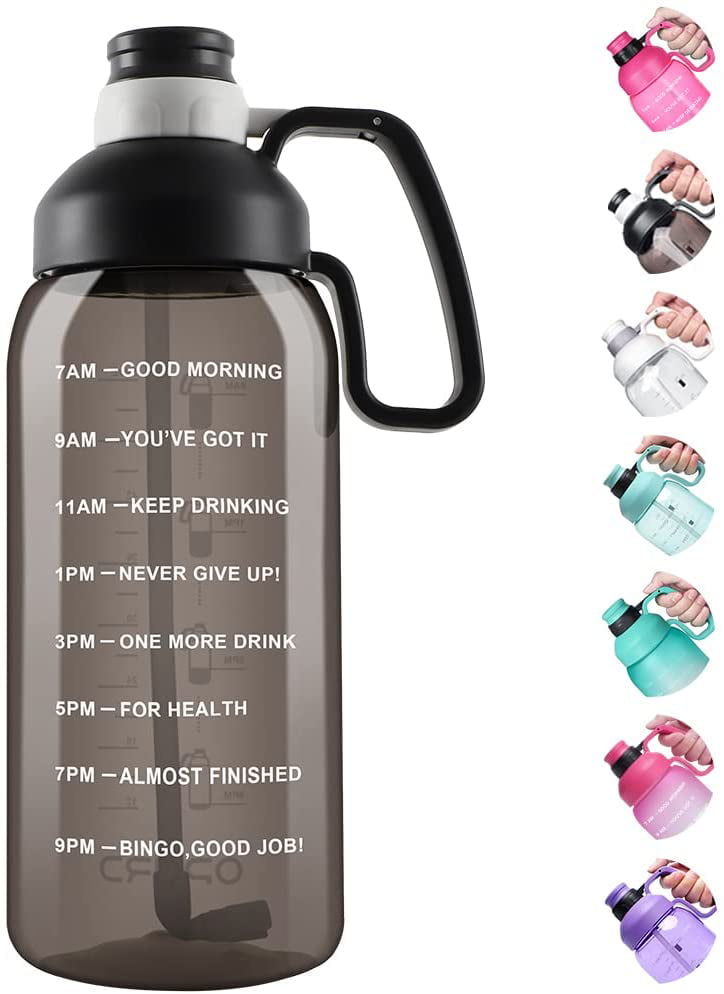 BPA Free Sports 1/2 Gallon Water Jug AMITER Large Half Gallon Water Bottle with Straw Leakproof Big 64oz Water Bottles with Times to Drink Motivational Time Marker & Handle 