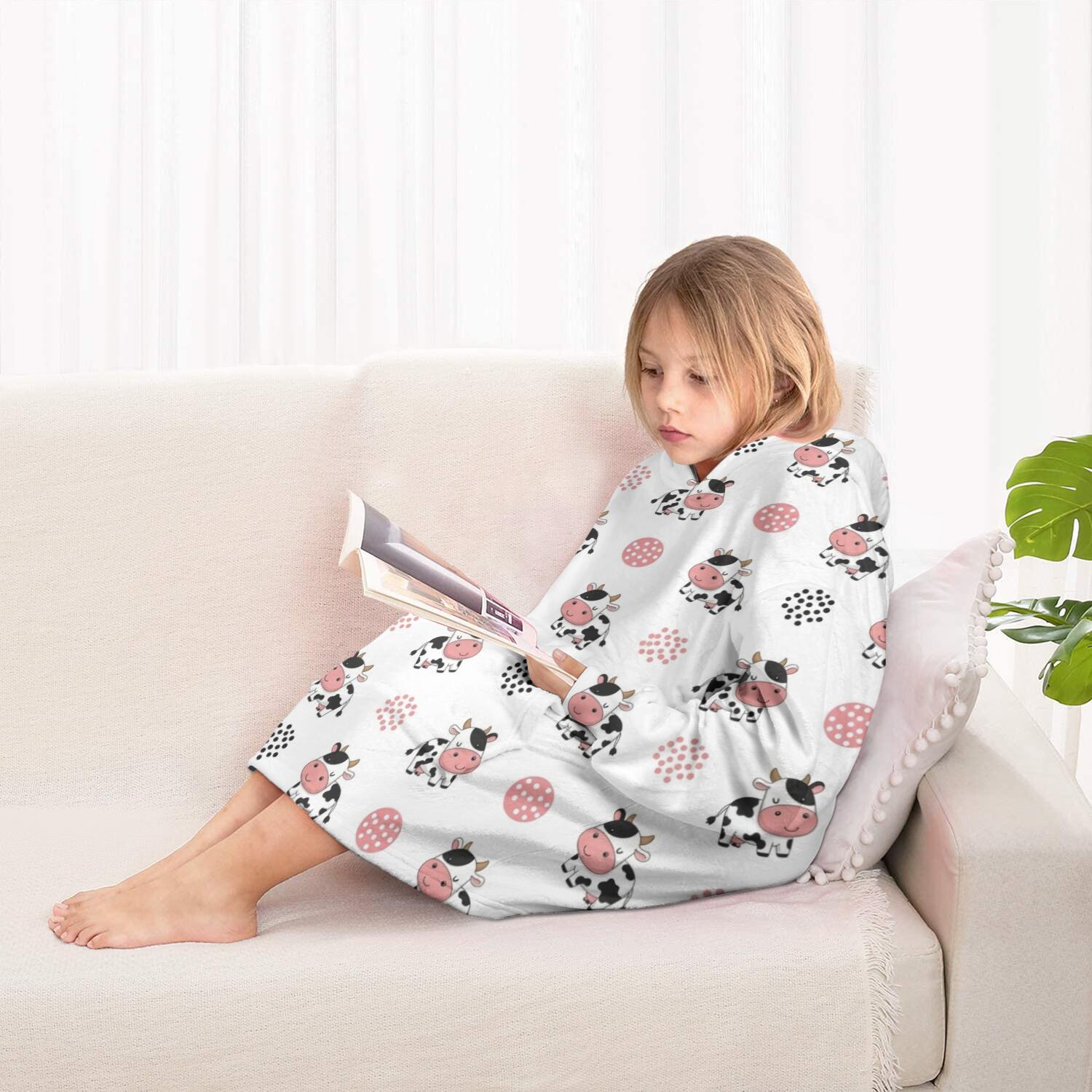 White Cow Dot Pattern Blanket Hoodies for Kids 6-13YR Oversize Wearable Blanket Hoodies for Boys Girls Teens