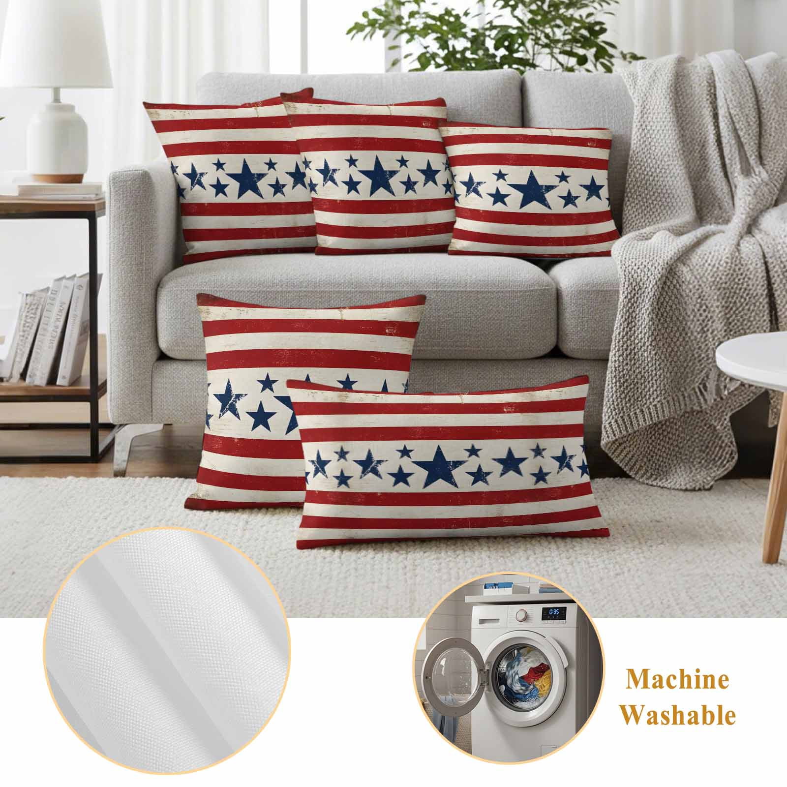 Vintage Stars Independence Day Outdoor Waterproof Pillow Covers, 4th of July Retro Striped Decorative Square Throw Pillowcase Sofa Cushion Sham for Patio/Couch/Chair, 20"x20" 2 Pack
