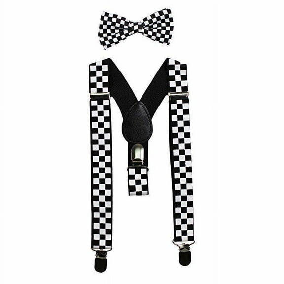 Black and White Checkered Kids Baby Suspenders and Bowtie Set Elastic Adjustable - New with box/tags