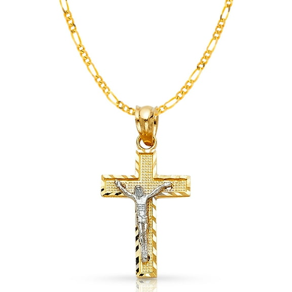 14K Two Tone Gold Jesus Crucifix Cross Pendant with 1.9mm Figaro 3 1 Chain Chain Necklace