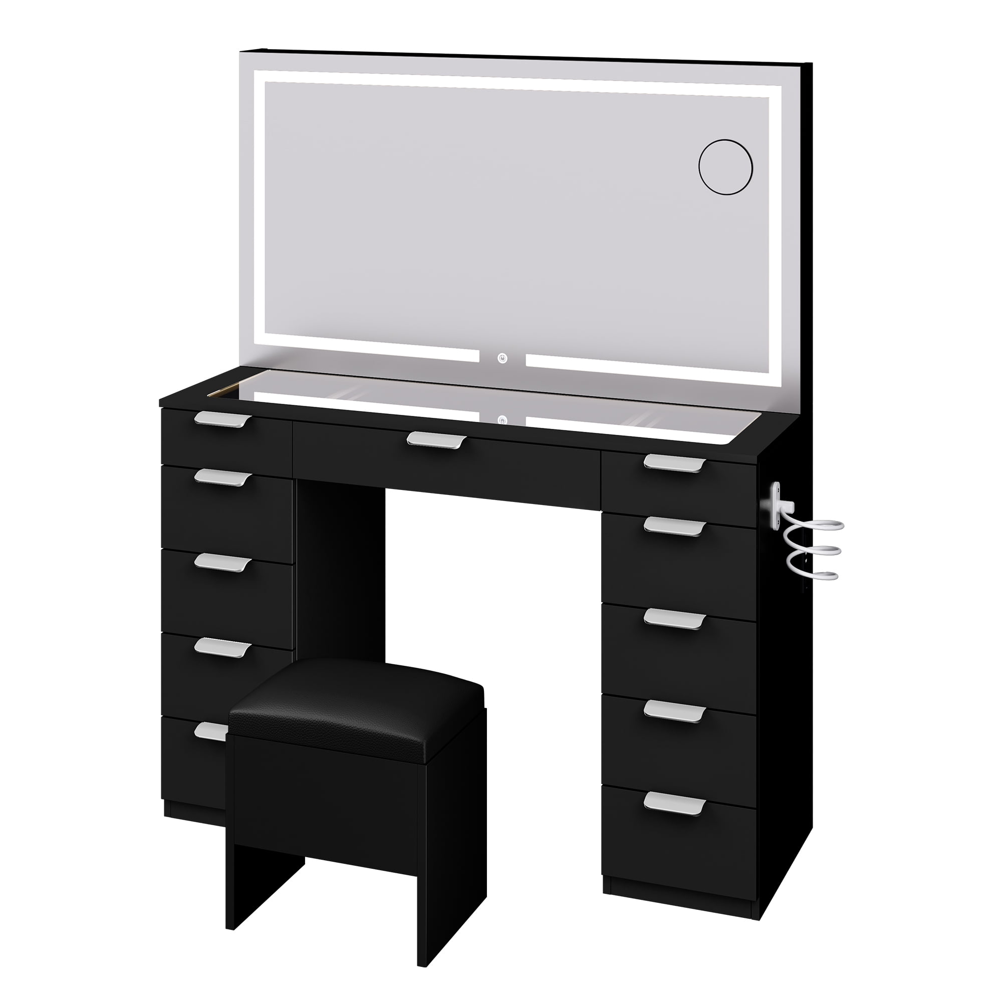 Uforic Elegant Black Vanity Desk Set with LED Mirror and Glass Top
