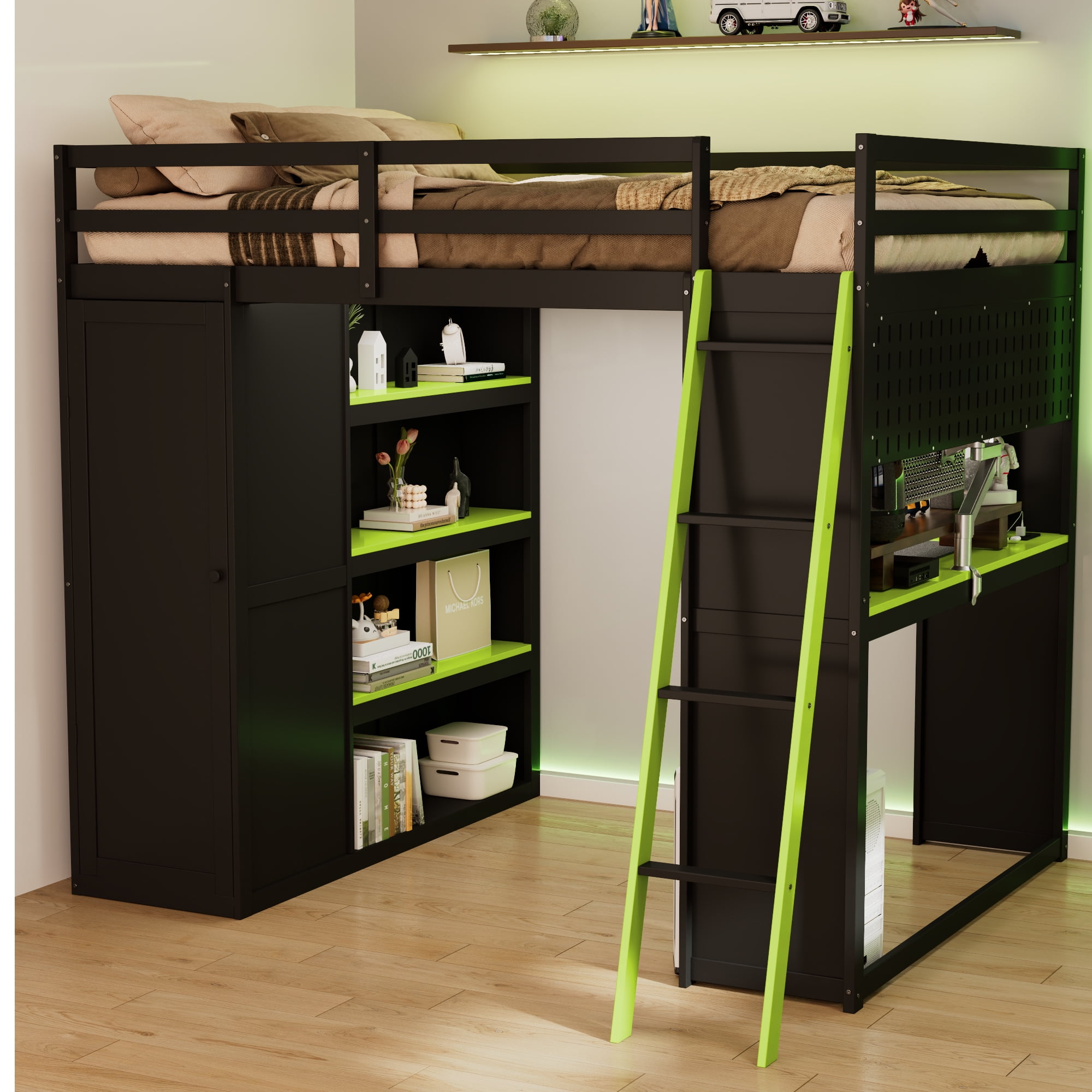 Mintazer Full Size Loft Bed with Wardrobe, Storage Shelves, Desk, Blackout Curtains, Charging Station & Lights Game Bed Frame for Teens, Black & Green