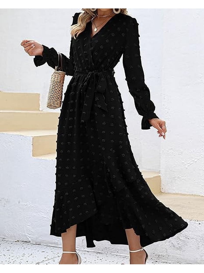 Freshpretty Womens Boho Cocktail Maxi Dress Fall Fashion V Neck Long Sleeve Swiss Dot Flowy Slit Wedding Guest Dresses, Women's, Size: Medium, Black Freshpretty Womens Boho Cocktail Maxi Dress Fall Fashion V Neck Long Sleeve Swiss Dot Flowy Slit Wedding Guest Dresses, Women's, Size: Medium, Black