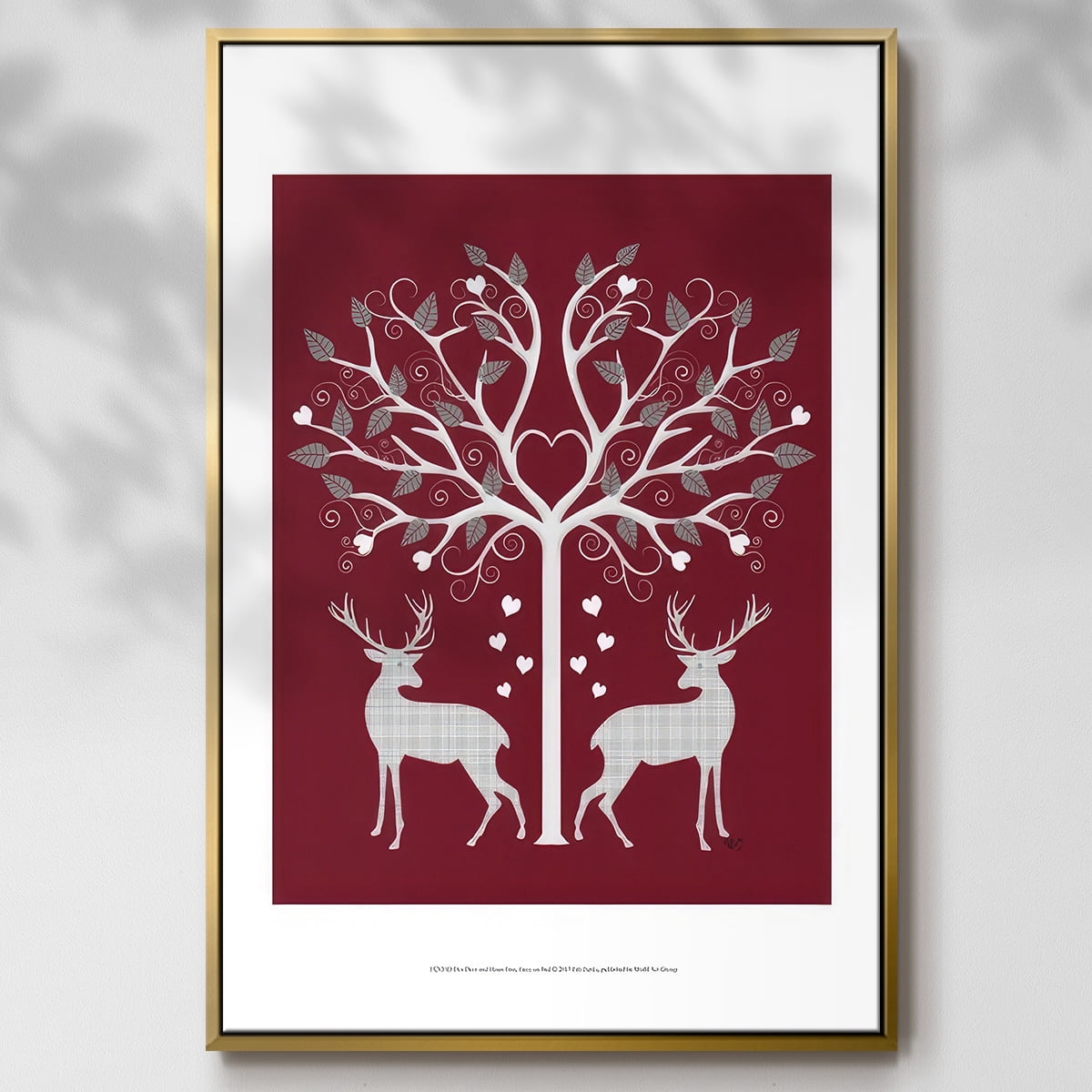 Christmas Des - Deer and Heart Tree, Grey on Red - Framed Gallery Wrapped Holiday Canvas - 17 x 25 - Gold Frame