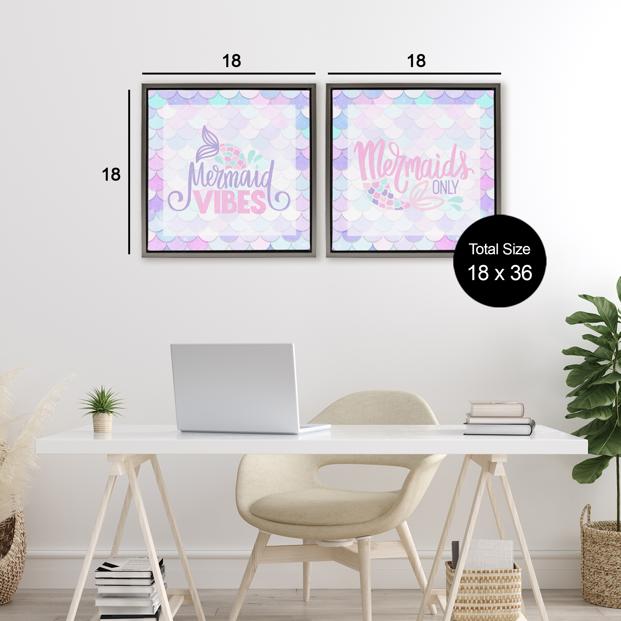Dreamy Mermaid Phrases with Scales 2 Piece Gray Framed Floater Canvas Set, design by Kim Allen