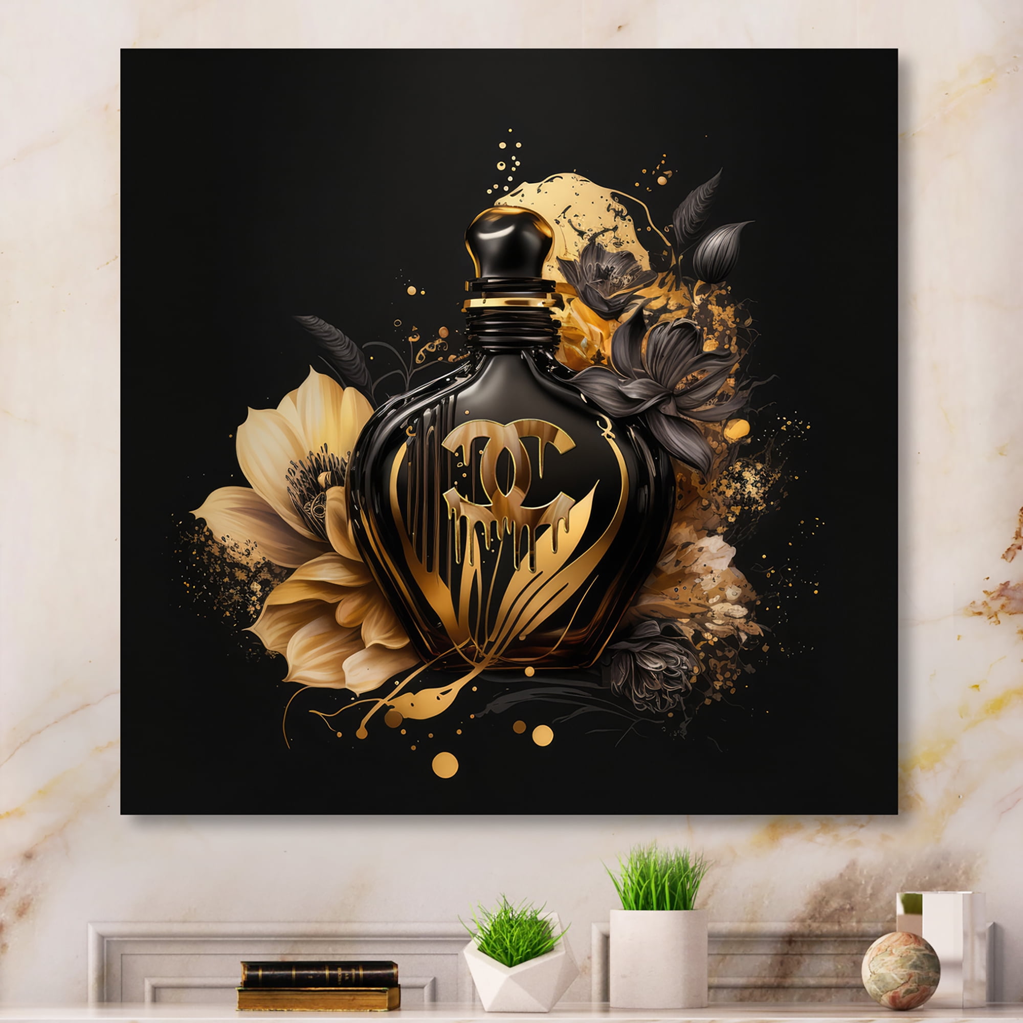 Designart Chic Black And Gold Perfume Bottle VII Canvas Wall Art