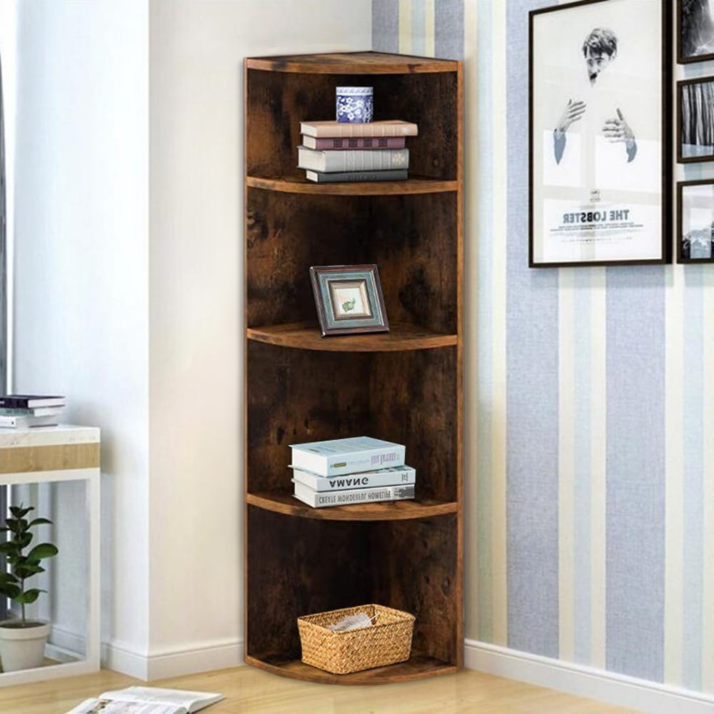 Wooden 4-Tier Industrial Corner Shelf Unit, Freestanding Display Storage Shelves, Fan-shaped