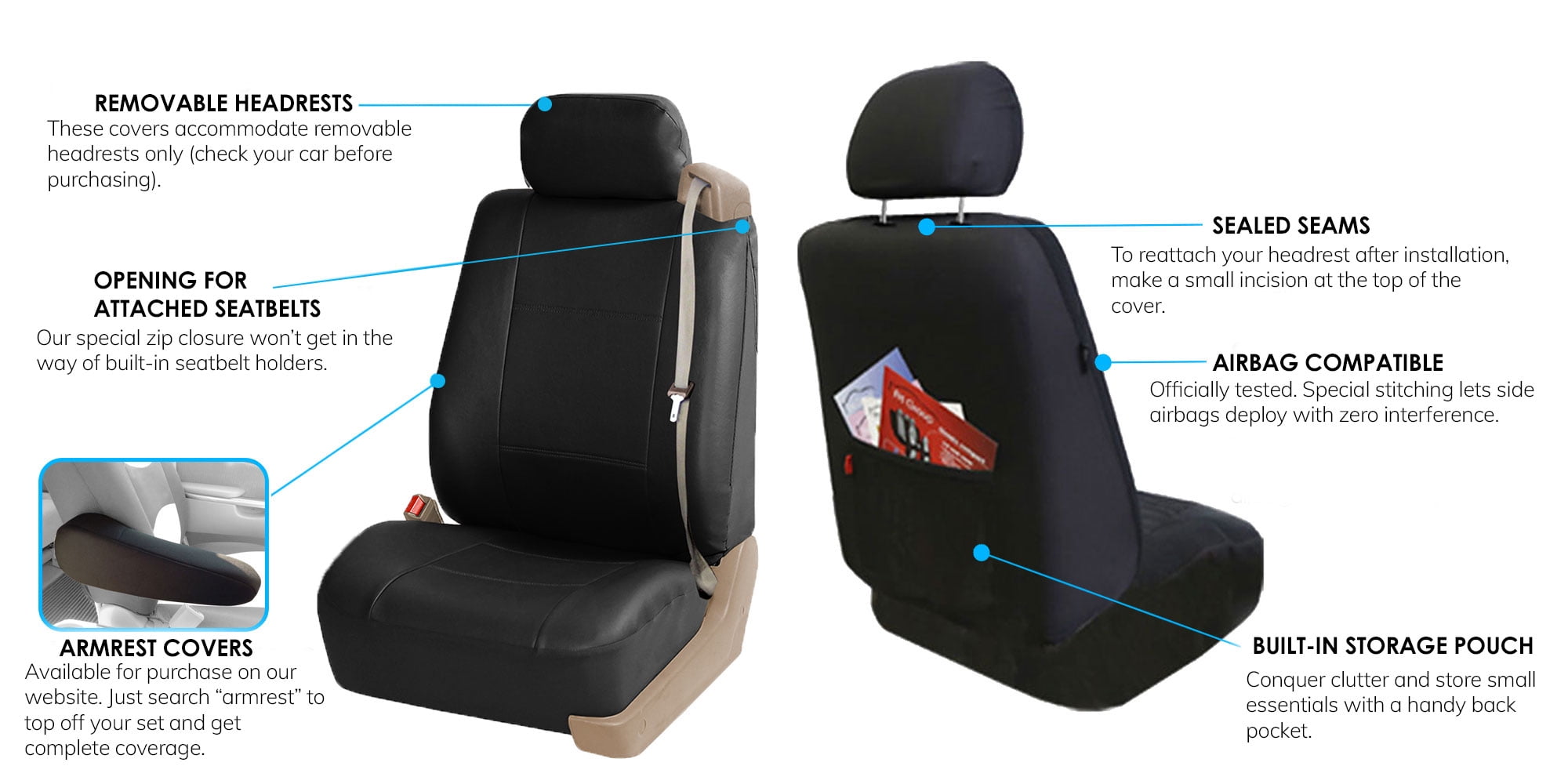 FH Group Universal Fit PU Leather Car Seat Covers for Sedan SUV Van Truck with Integrated Seatbelt - Black Front