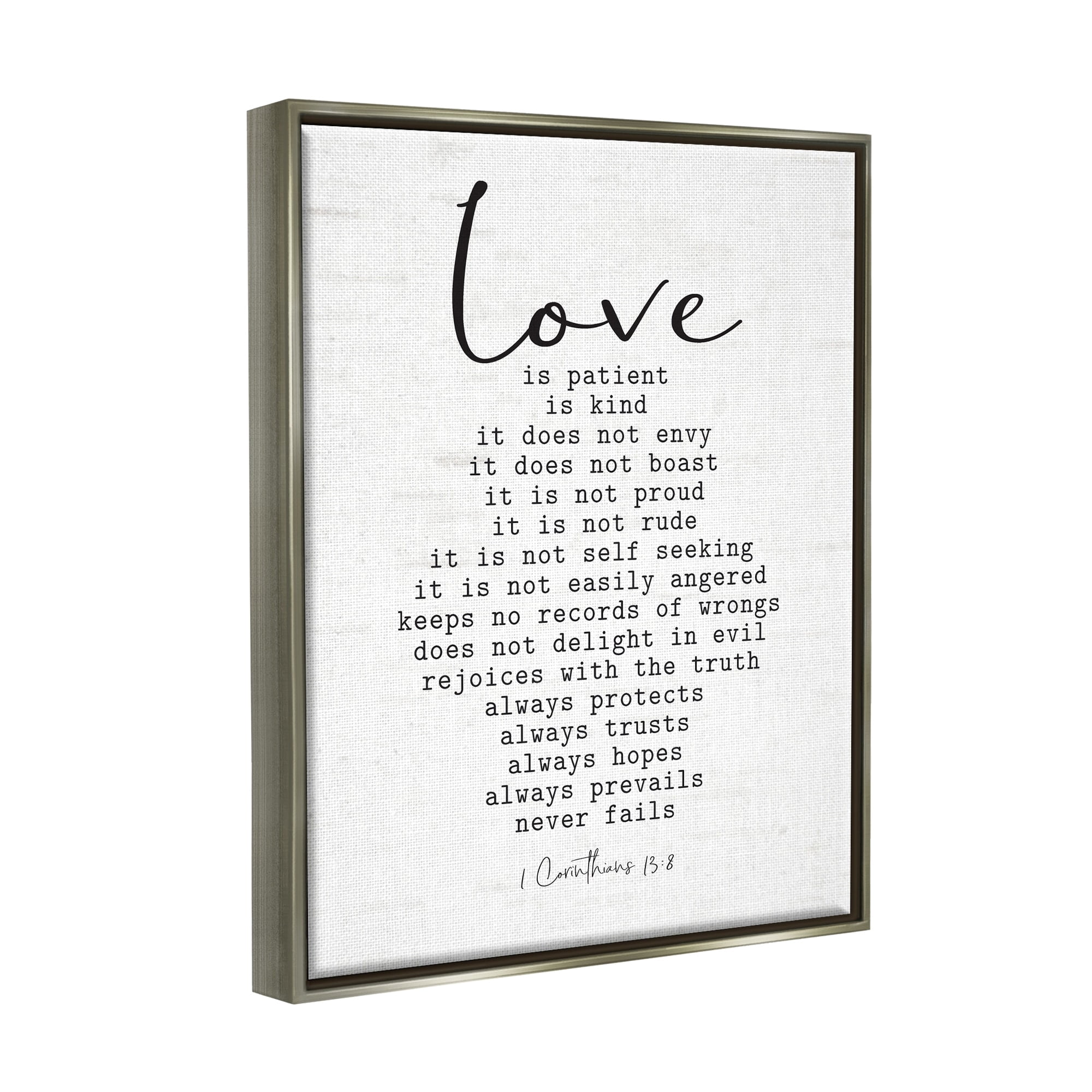 Stupell Industries Love Is... Spiritual Scripture Inspirational Religious Sentiment Graphic Art Luster Gray Floating Framed Canvas Print Wall Art, Design by Lettered and Lined