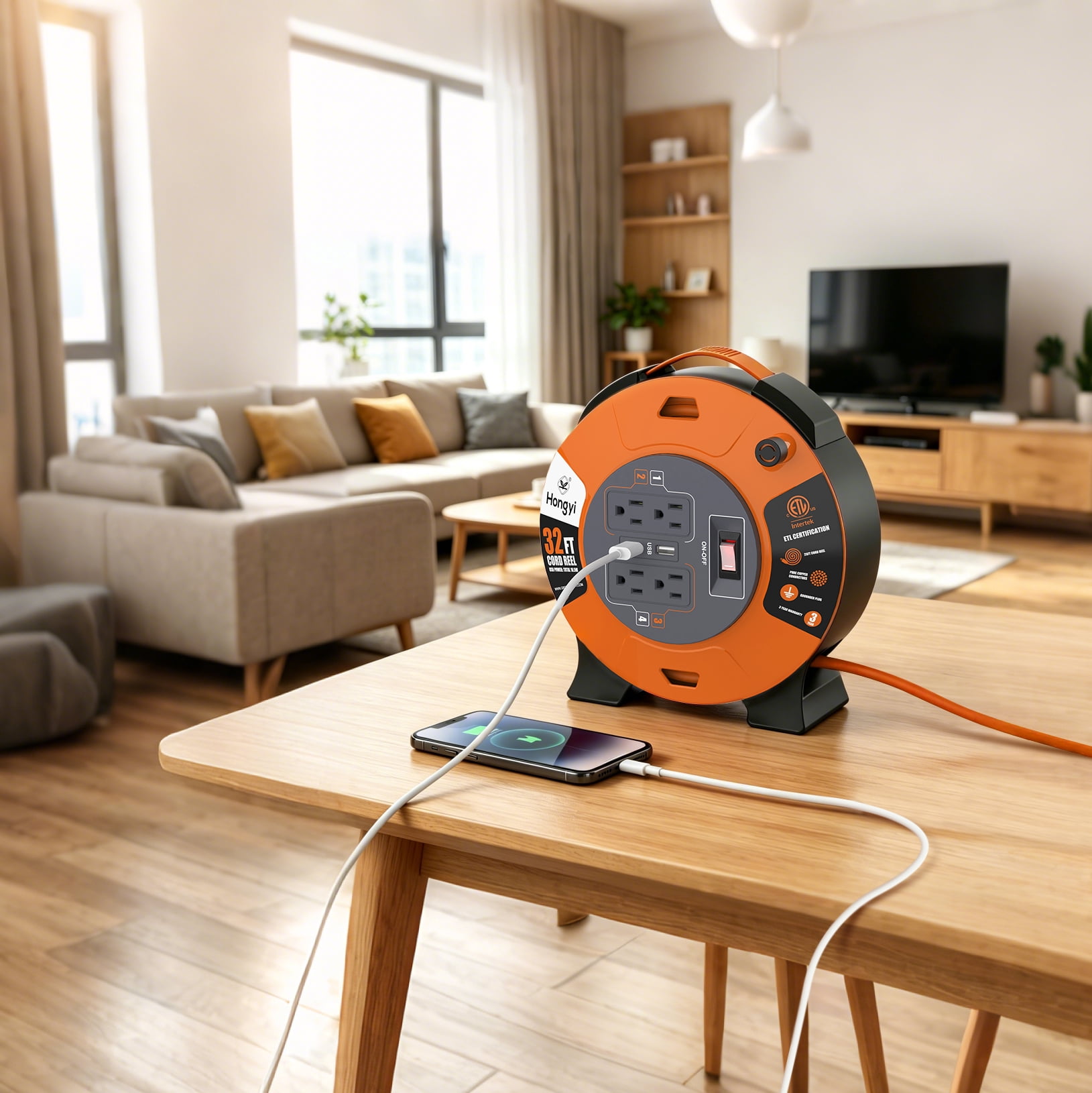 Hongyi Extension Cord Reel 32ft, 4 Outlet+2-USB Ports, 16AWG/3C, Orange