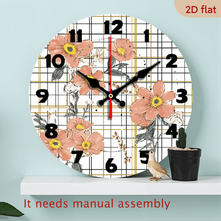 2 D Flat 10 Inch Round Wooden Wall Clock with Floral Pattern, Yellow Grid Background Hands Silent photo 2 D Flat 10 Inch Round Wooden Wall Clock with Floral Pattern, Yellow Grid Background Hands Silent
