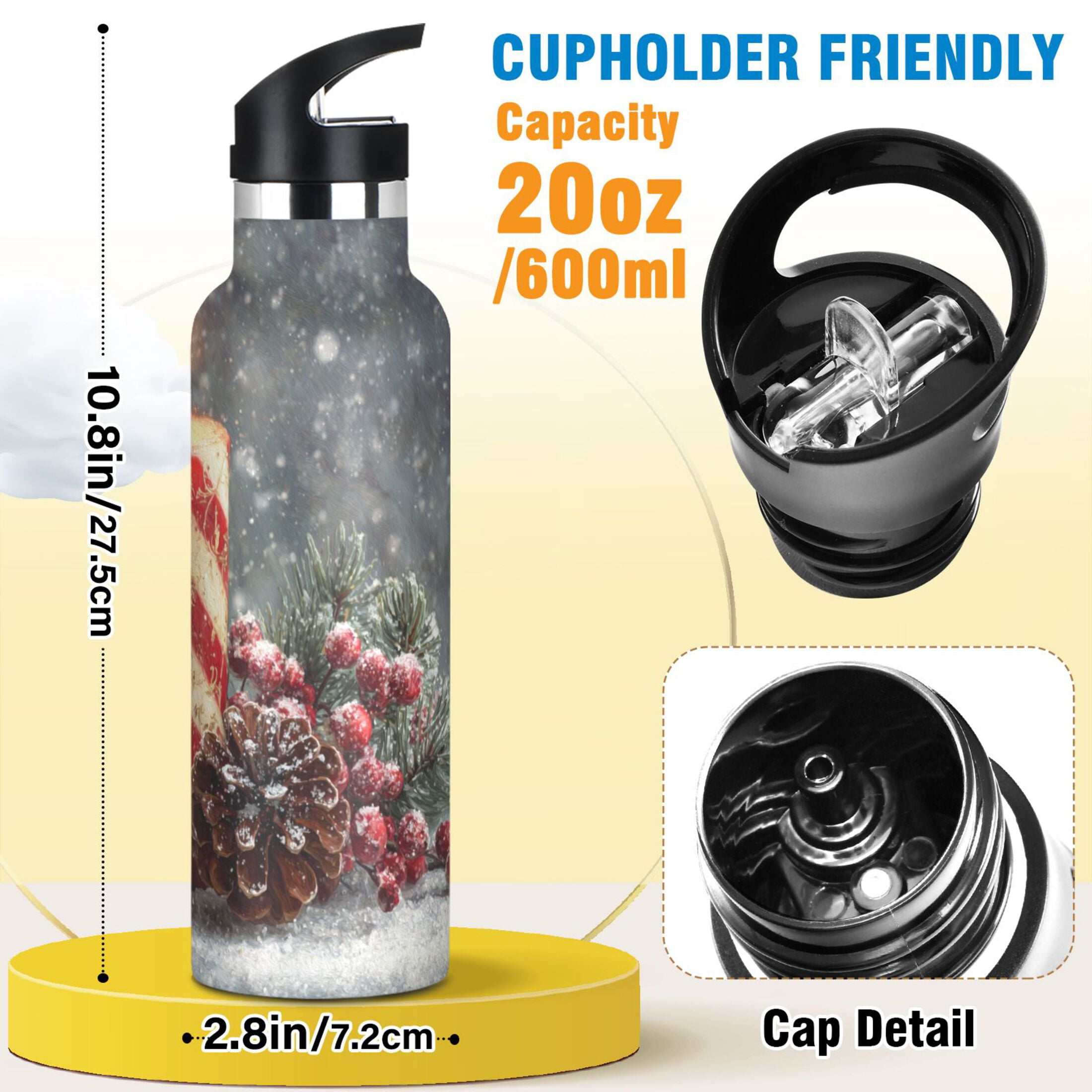 600ML Stainless Steel Insulated Cup Sports Water Bottle Portable Thermos Cup Water Glasses Insulated Tumblers Convenient and Durable Red Christmas Candle