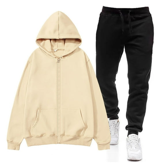 Zylarhe Men's Zipper Sweater Suit Loose Cardigan Hoodie Sweatpants Comfortable Casual Solid Color Sportswear Two Piece Set Jacket Suit