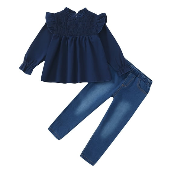 6Y Little Girls Clothes 7Y Girls Denim Pant Set Outfits Set Little Girls Long Sleeve Solid Color Jeans Pants 2PCS Set Blue