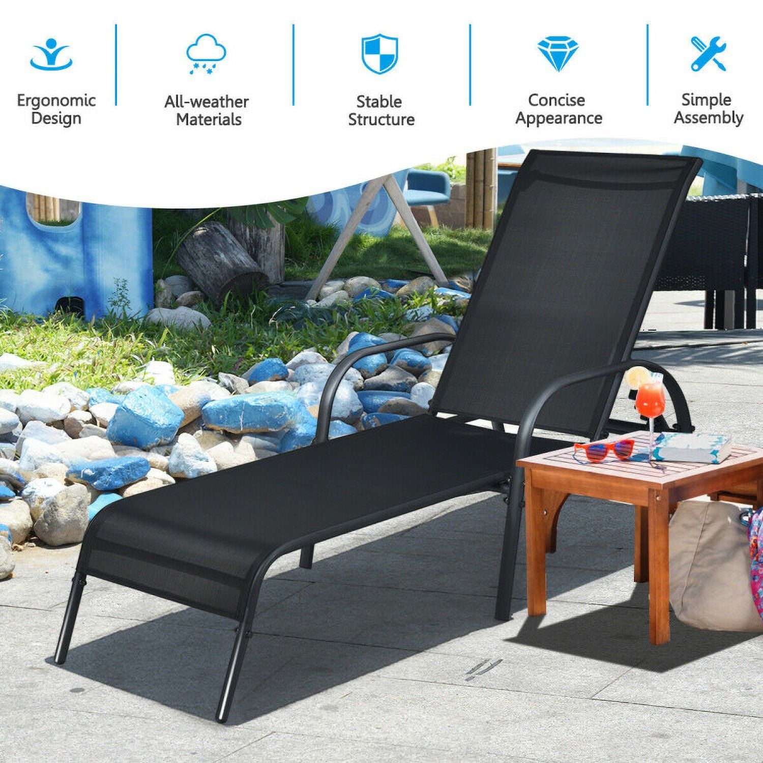 Aimee Lii Adjustable Patio Chaise Folding Lounge Chair with Backrest, Patio Loungers, Black Aimee Lii Adjustable Patio Chaise Folding Lounge Chair with Backrest, Patio Loungers, Black