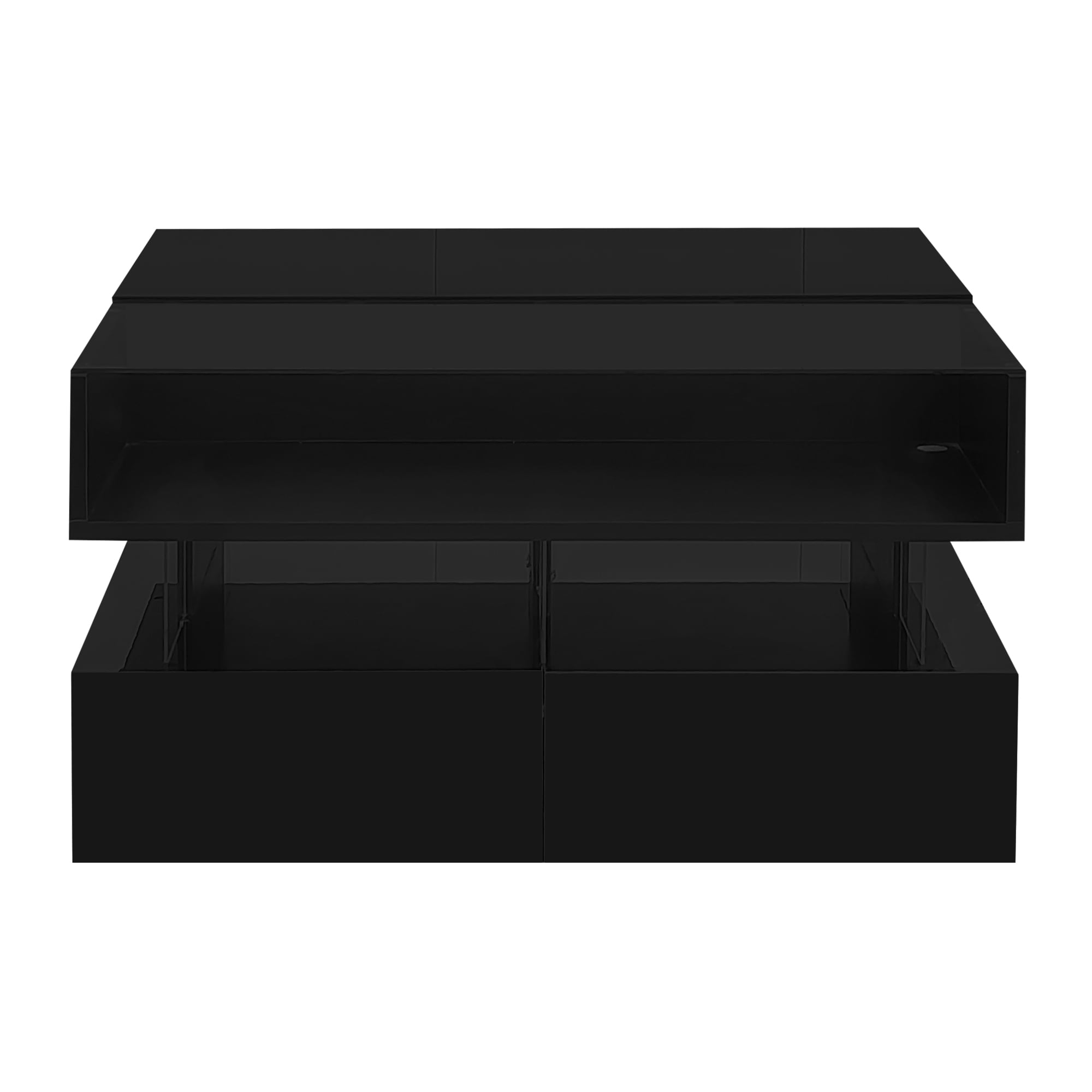 Mintazer Lift Top Accent Coffee Table with Tempered Glass Top & LED Lights, Square Center Table with 2 Drawers & Hidden Compartment for Living Room, Apartment, Black