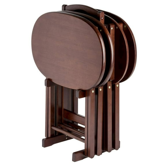 FurniFact Solid Wood Brown 5 Piece TV Trays Set With 4 Folding Tables And Stand
