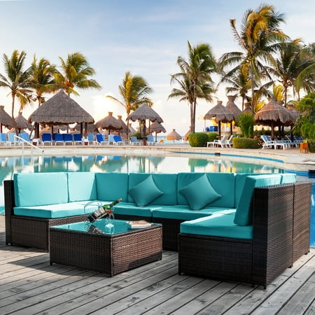 Sectional Patio Set - Merax 7-Piece Patio Furniture Set PE Rattan Sectional Garden Furniture Corner Sofa Set,Blue