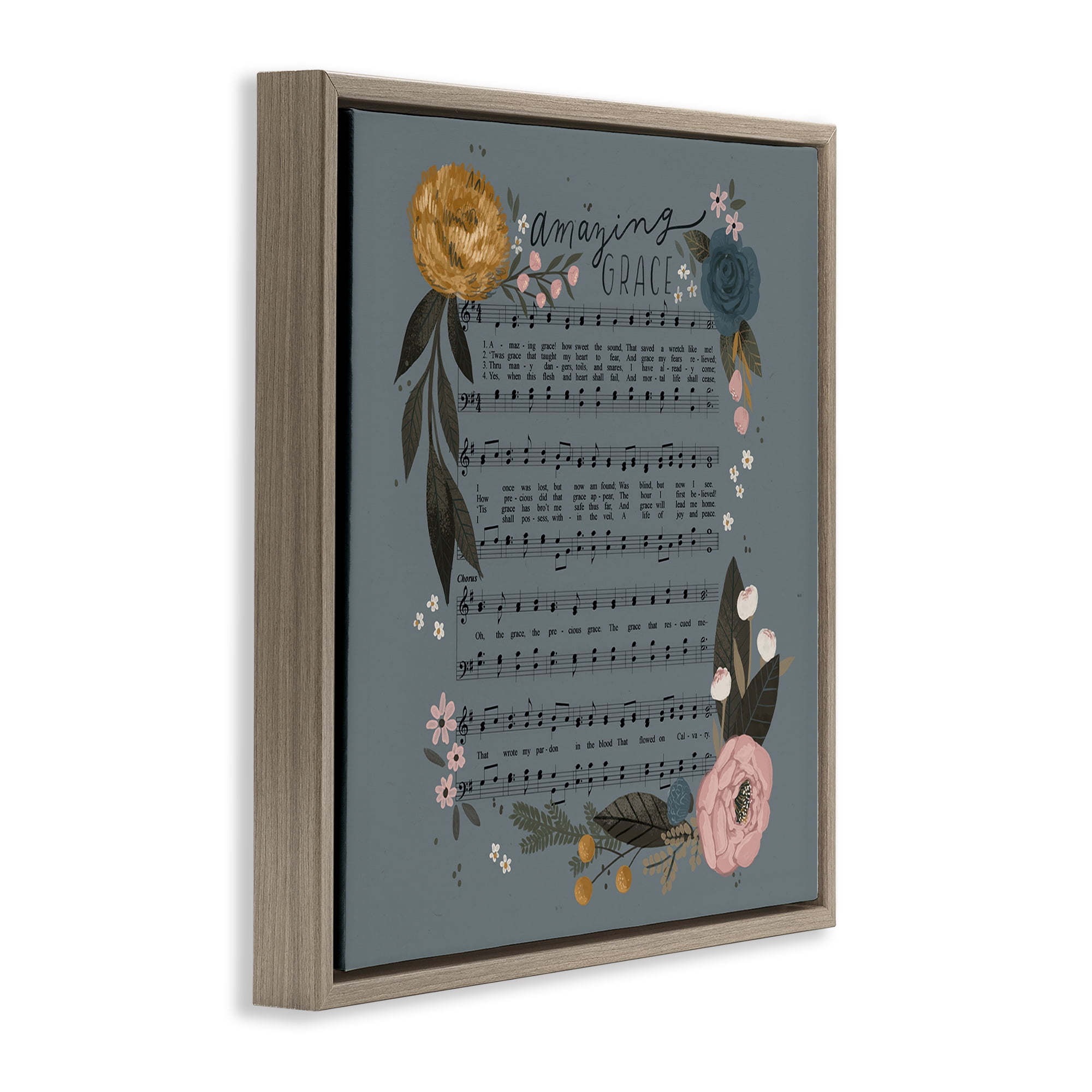 Stupell Industries Amazing Grace Floral Hymn Religious & Spiritual Painting Brown Floater Framed Canvas Art Print Wall Art, 25 x 25
