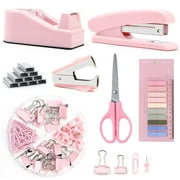 Sytle-Carry Pink Office Supplies, Desk Organizers and Accessories Office Supplies with Staple Remover, Stapler, Tape Dispenser, Staples, Clips, Scissor and Tabs