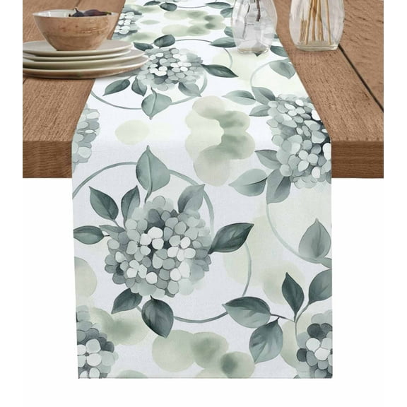 Spring Botanical Burlap Cotton Table Runner 13x90 Inches Long, Eucalyptus Leaves Teal Floral Summer Farmhouse Table Runners, Outdoor Dining Tablecloths Decor for Baby Shower/Party/Wedding