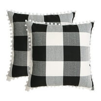 Unique Bargains 2-Pack Pom Plaid Decorative Throw Pillow Cover 18" x 18" Black Beige White