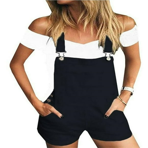 Women Suspender Jean Shorts Adjustable Strap Front Pocket Casual Short Denim Pants Bib Overalls