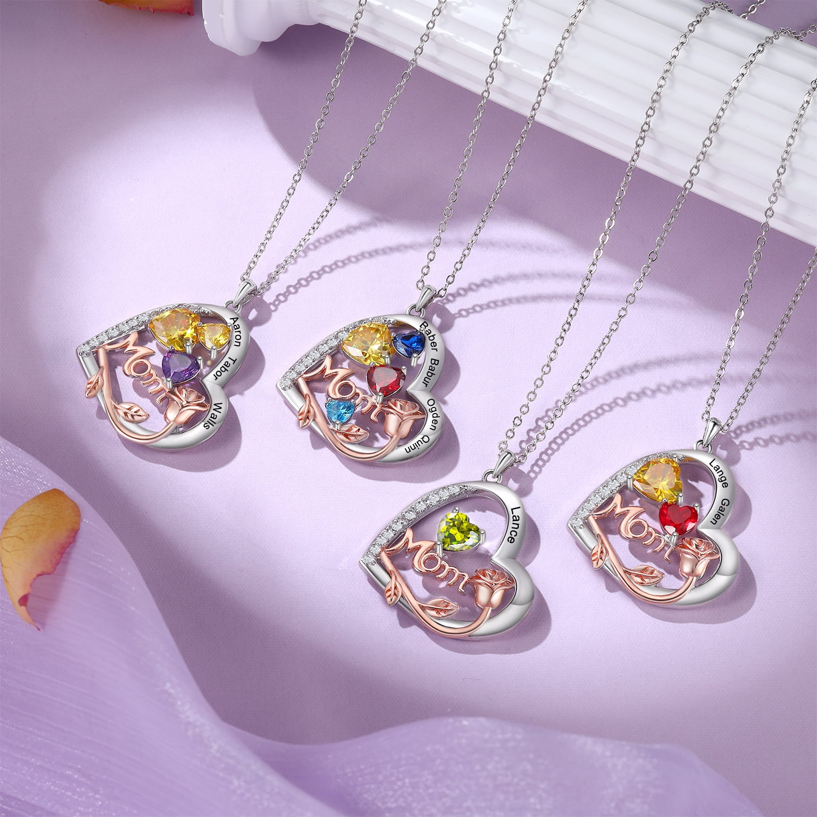 Mementos Customized Brass Heart Family Women's (Mother's) Necklace with 2 Birthstones and Names
