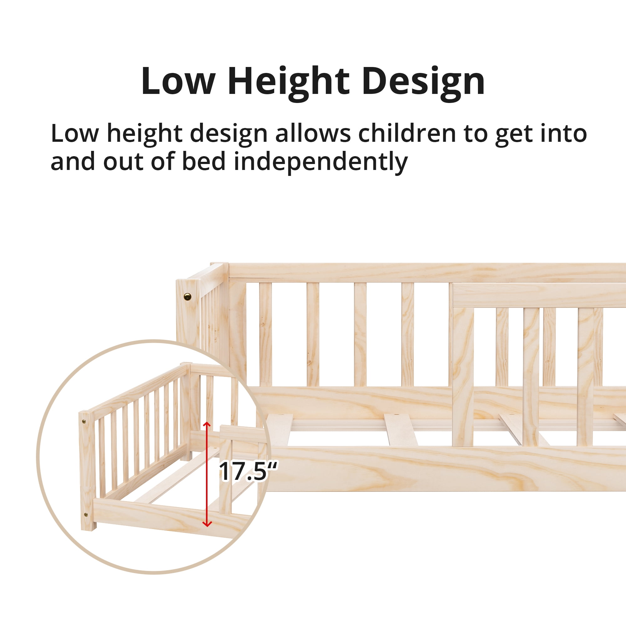 ARCTICSCORPION Montessori Kids Twin Size Modern Pinewood Floor bed with Fence, Natural