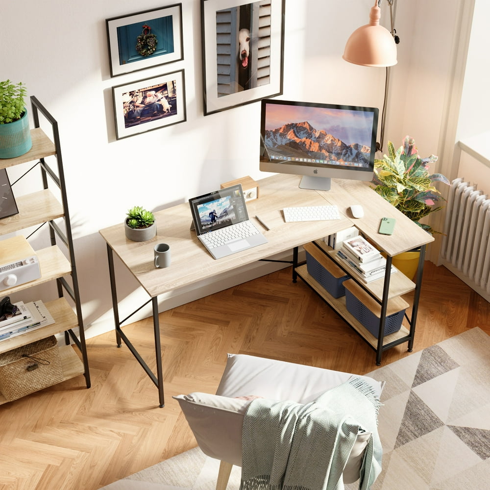 Bestier 55 Inch L Shaped Computer Desk with Storage Shelves in Oak