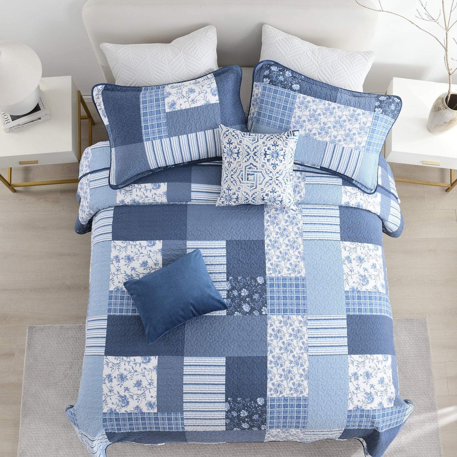 PANGUSHAN 100% Cotton Quilt King Size, King Quilt Bedding Set Quilted Bedspreads, Lightweight Reversible Plaid Comforter for King Bed, All Season, Blue, 3 Pieces