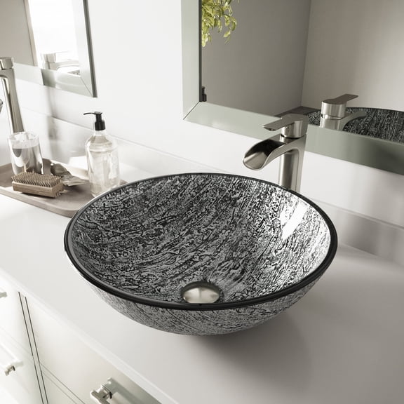 VIGO Glass Round Vessel Bathroom Sink in Titanium Gray with Niko Faucet and Pop-Up Drain in Brushed Nickel