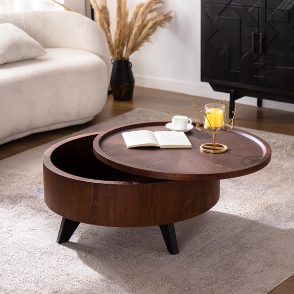 Round Coffee Table with Hidden Storage Removable Top Modern Luxury Circle Drum Coffee Table Solid Wood Veneered Center Table Sturdy Pedestal for Living Room Easy Assembly